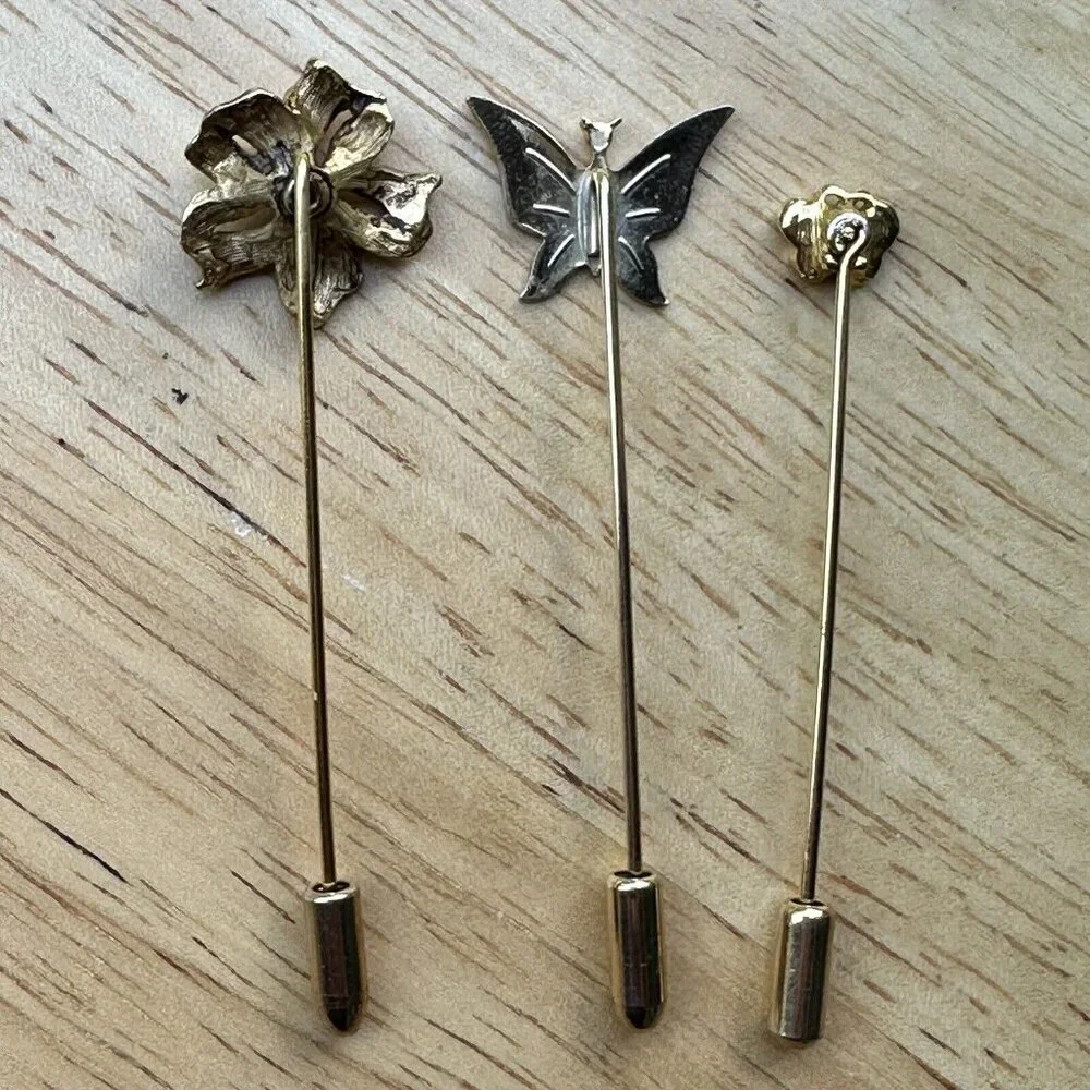 Vintage Stick Pin 2-3‎ Inch Butterfly Flower Shaped Hat Lapel Gold Tone Set Of 3
